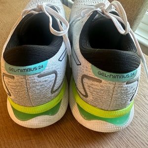 ASICS Gel Nimbus running shoes. White with neon green and back trim.